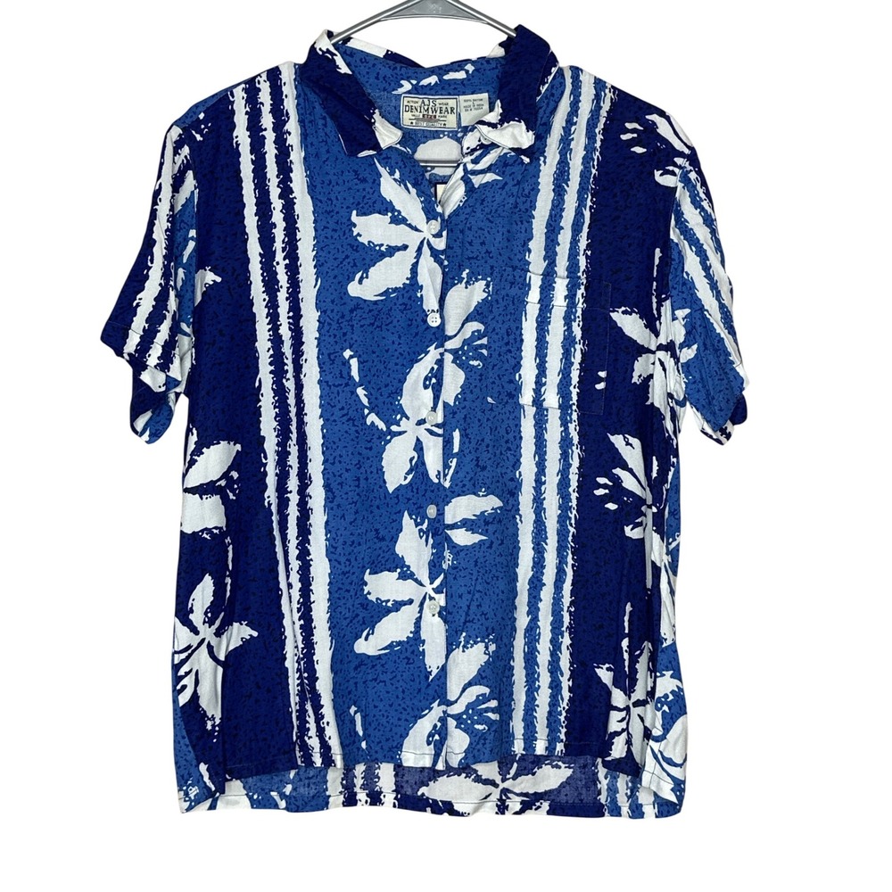 AJS Denimwear Floral Hawaiian‎ Shirt - Blue White Striped Resort Top Size L VTG